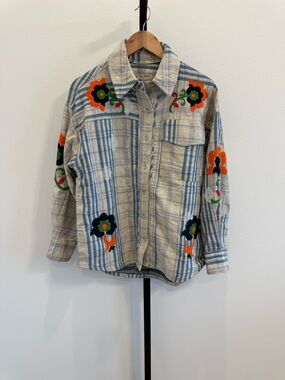 NWT Free People Sashiko Embroidered Blue Plaid Button-Down Shirt Small Boho